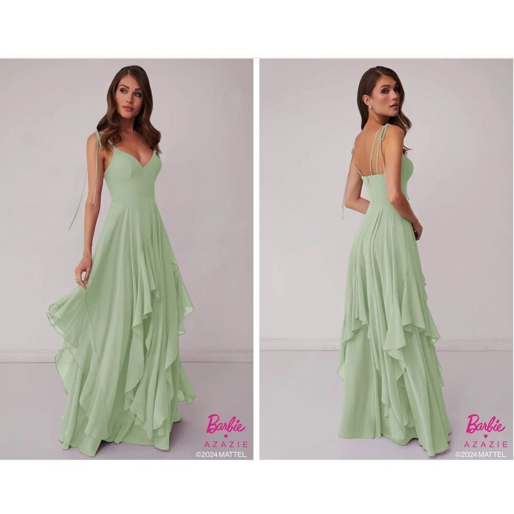 Azazie Barbie NWT  Briadsmaid A8 v neck chiffon tiered a line dress dusty sage A - Picture 14 of 14